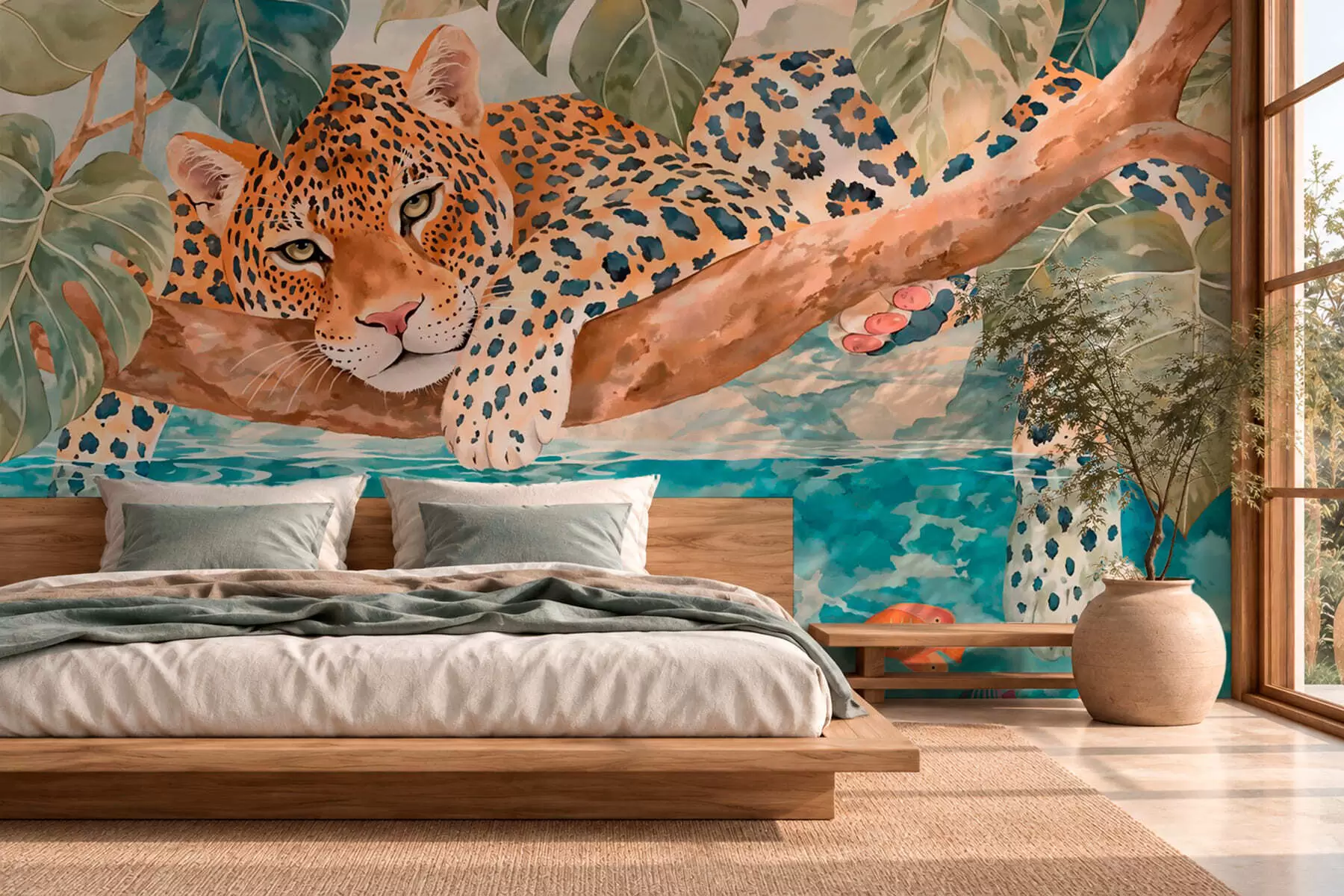 fototapeter Leopard på en gren over vannet med fargerike fisker w05954