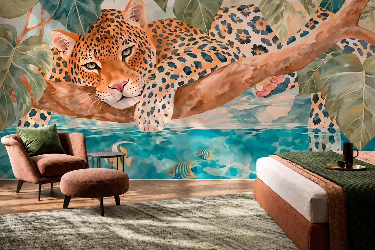 fototapeter Leopard på en gren over vannet med fargerike fisker w05954