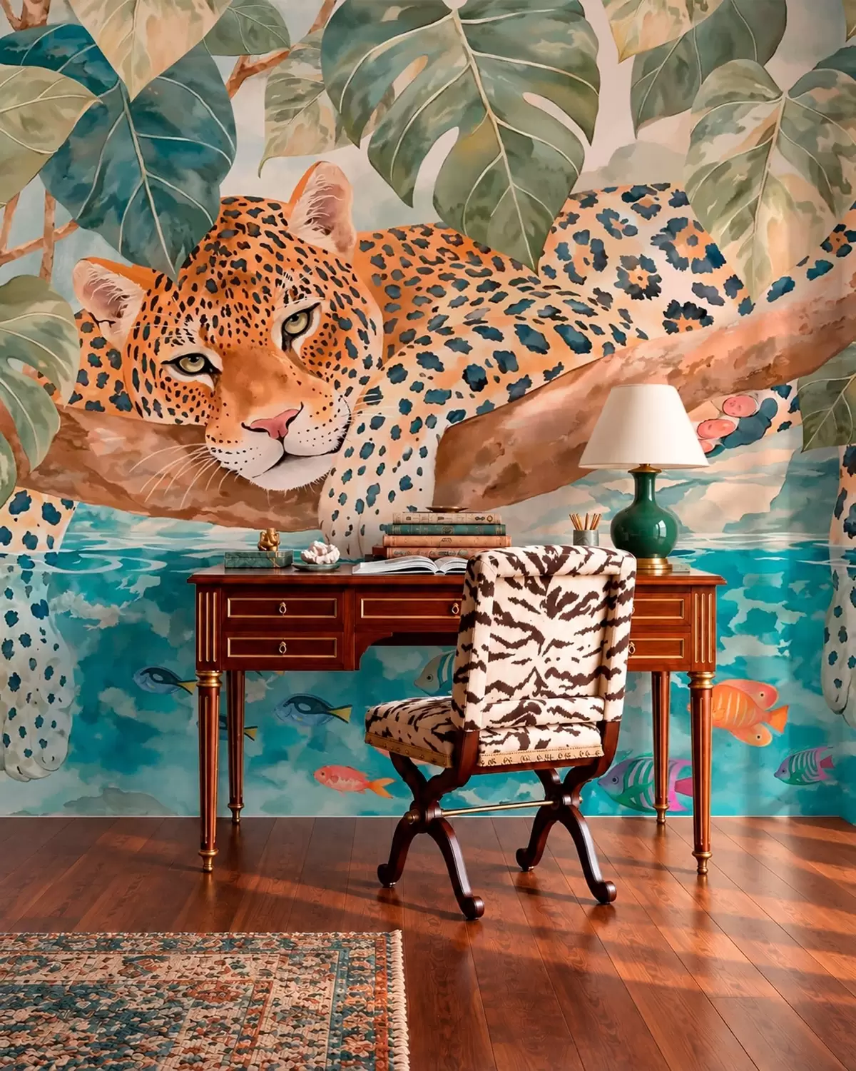 fototapeter Leopard på en gren over vannet med fargerike fisker w05954