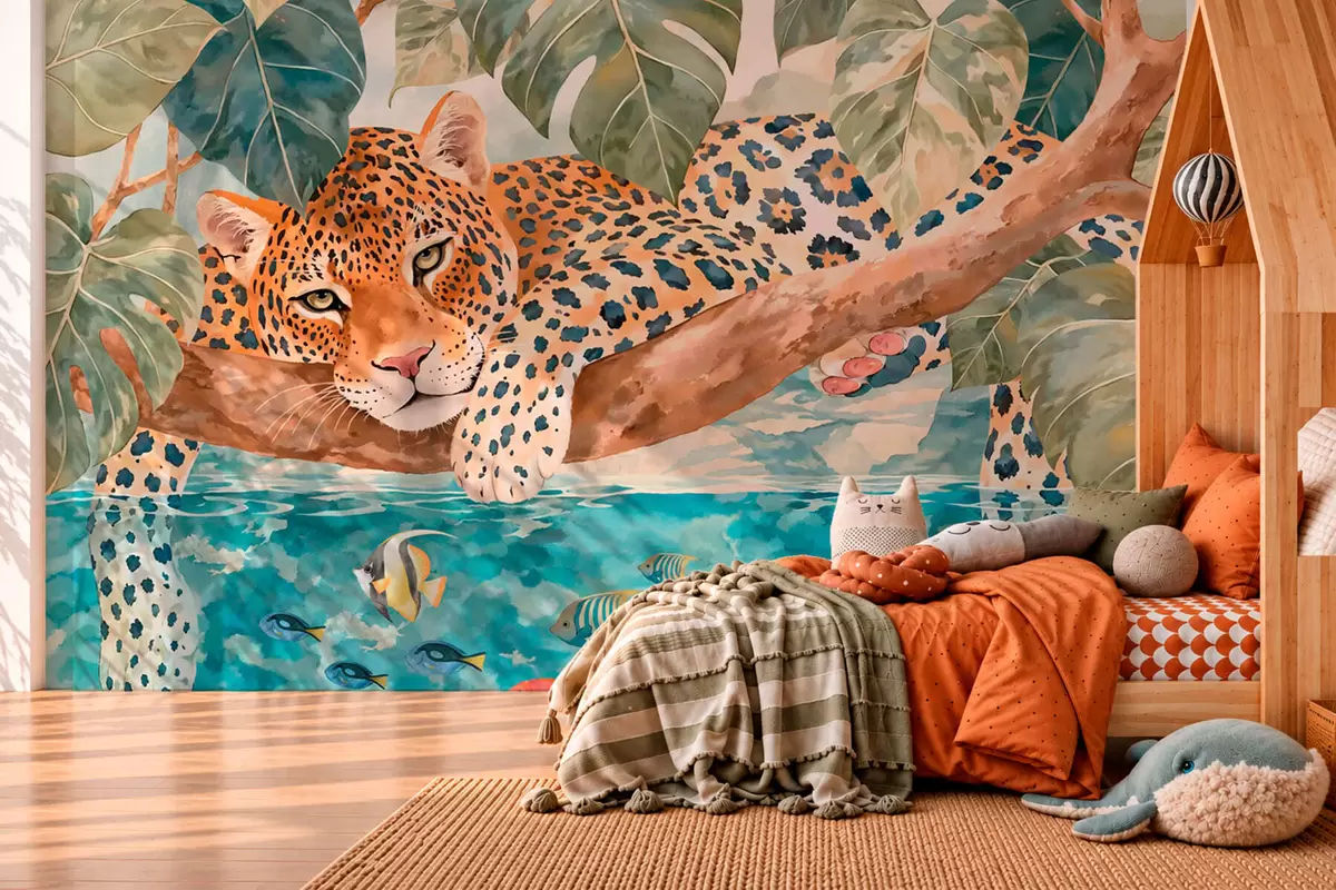 fototapeter Leopard på en gren over vannet med fargerike fisker w05954