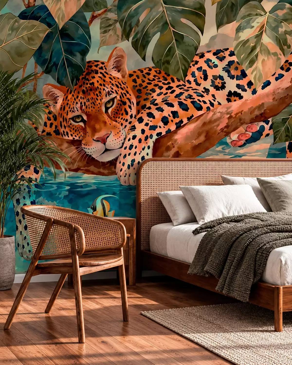 fototapeter Leopard blant tropiske blader over vannet sammen med fisk w05954v1