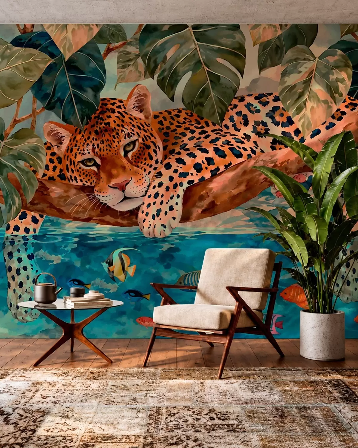 fototapeter Leopard blant tropiske blader over vannet sammen med fisk w05954v1