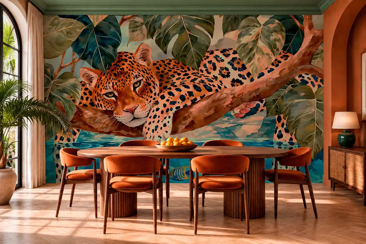 fototapeter Leopard blant tropiske blader over vannet sammen med fisk w05954v1