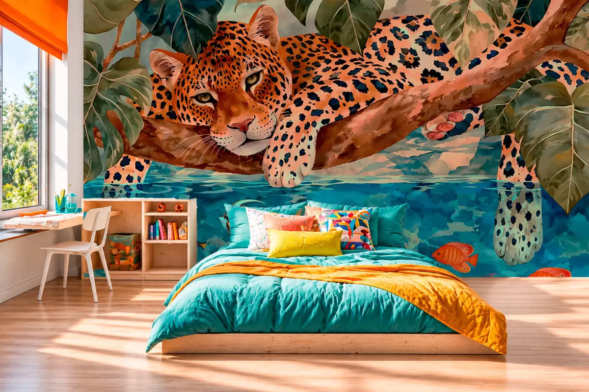 fototapeter Leopard blant tropiske blader over vannet sammen med fisk w05954v1
