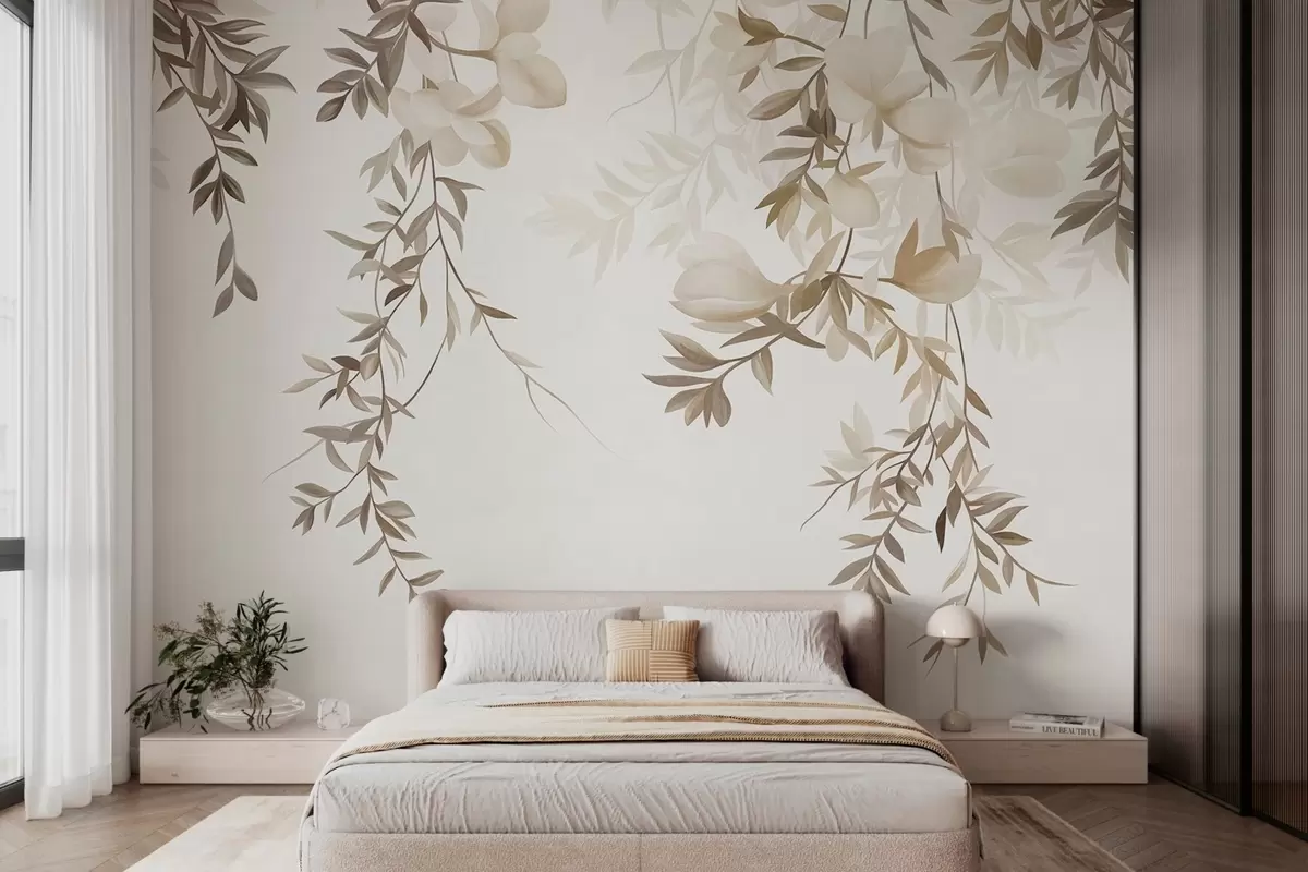 fototapeter Hengende pilegrener og delikate blomster i dempede beige nyanser w10081