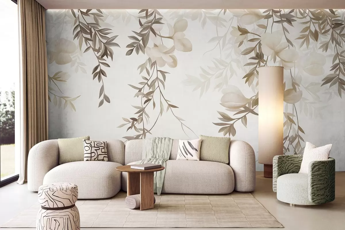 fototapeter Hengende pilegrener og delikate blomster i dempede beige nyanser w10081