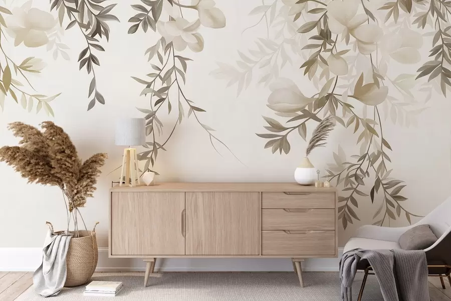 fototapeter Hengende pilegrener og delikate blomster i dempede beige nyanser w10081