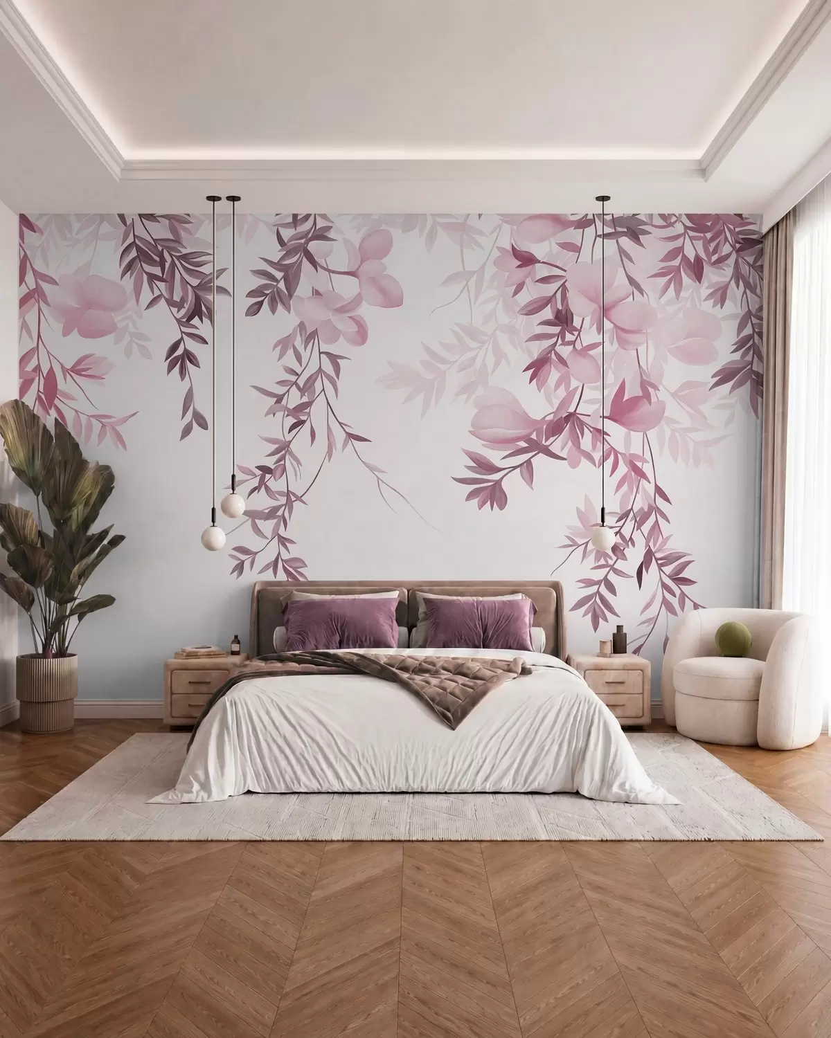 fototapeter Hengende pilegrener og delikate blomster i dempede rosa nyanser w10081v1