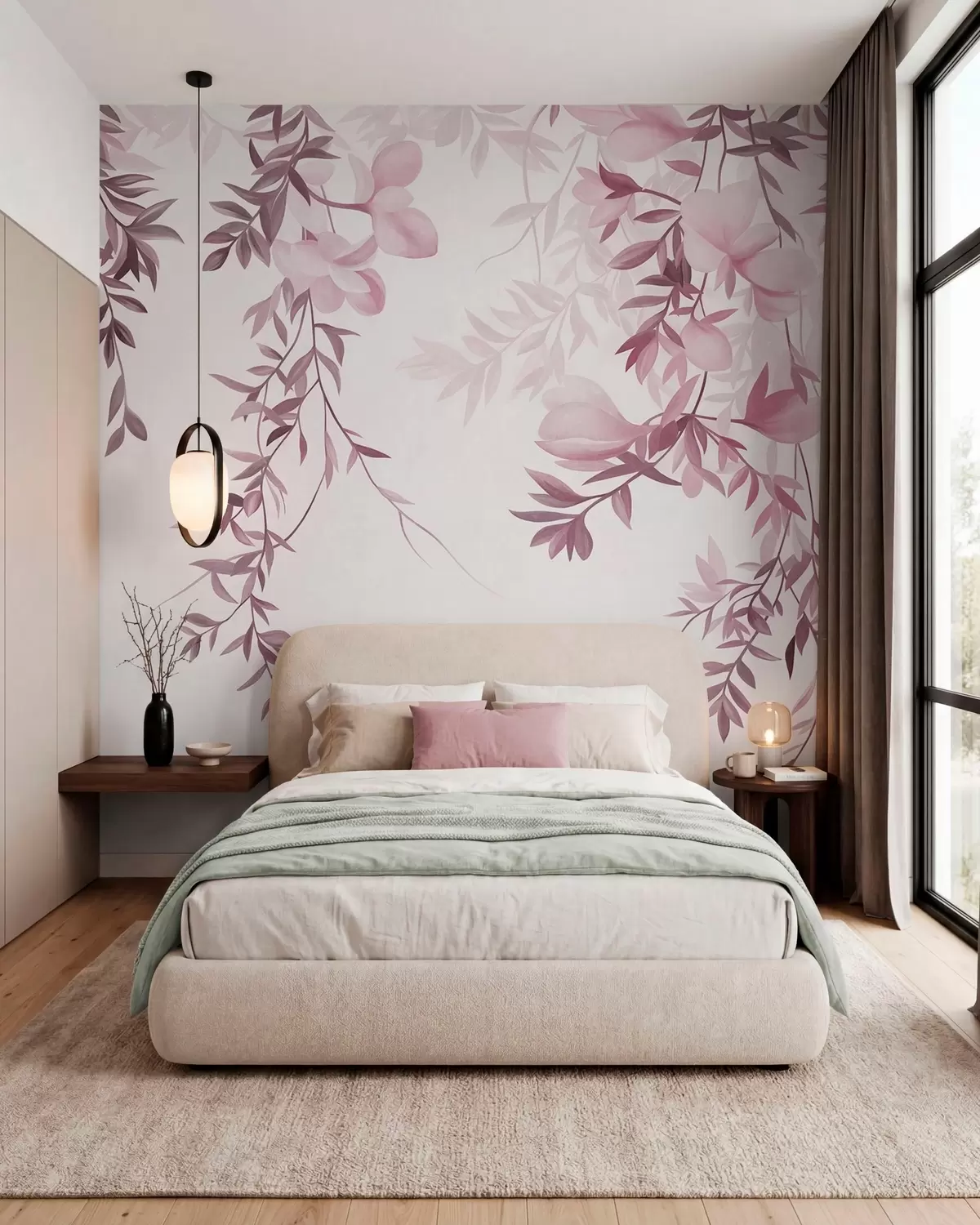 fototapeter Hengende pilegrener og delikate blomster i dempede rosa nyanser w10081v1