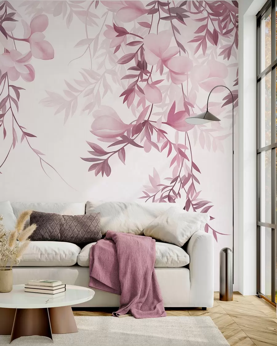 fototapeter Hengende pilegrener og delikate blomster i dempede rosa nyanser w10081v1