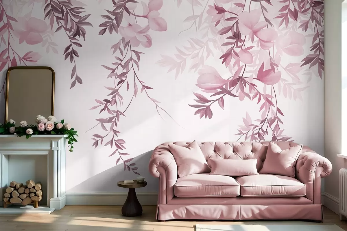 fototapeter Hengende pilegrener og delikate blomster i dempede rosa nyanser w10081v1