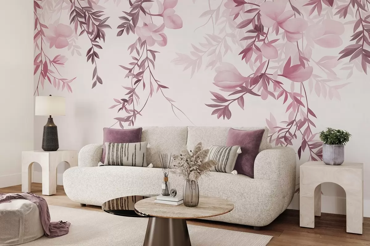fototapeter Hengende pilegrener og delikate blomster i dempede rosa nyanser w10081v1