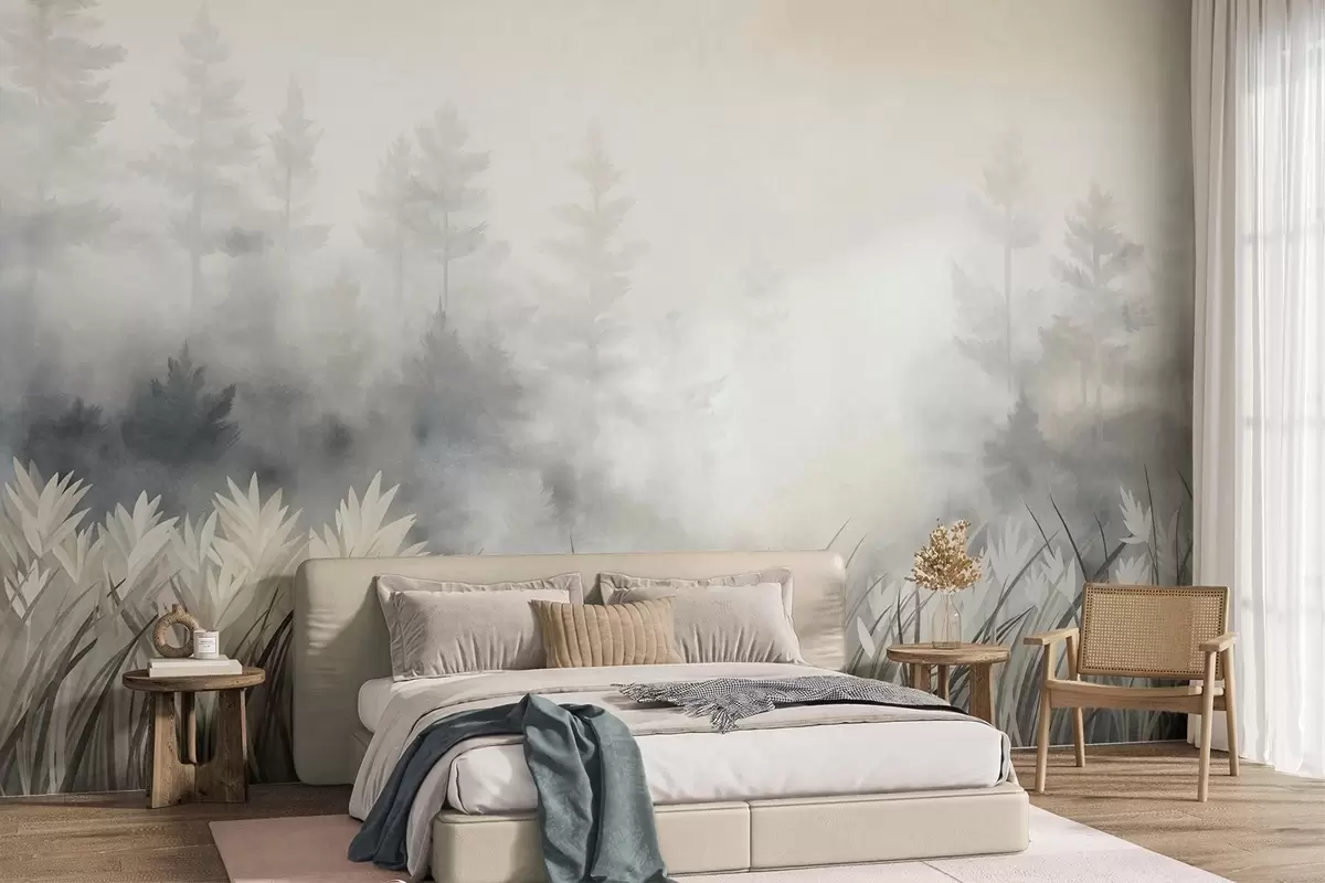 fototapeter Landskap med høyt villgress og furuskog, minimalistisk stil med tekstur w10082