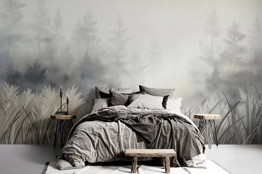 fototapeter Landskap med høyt villgress og furuskog, minimalistisk stil med tekstur w10082