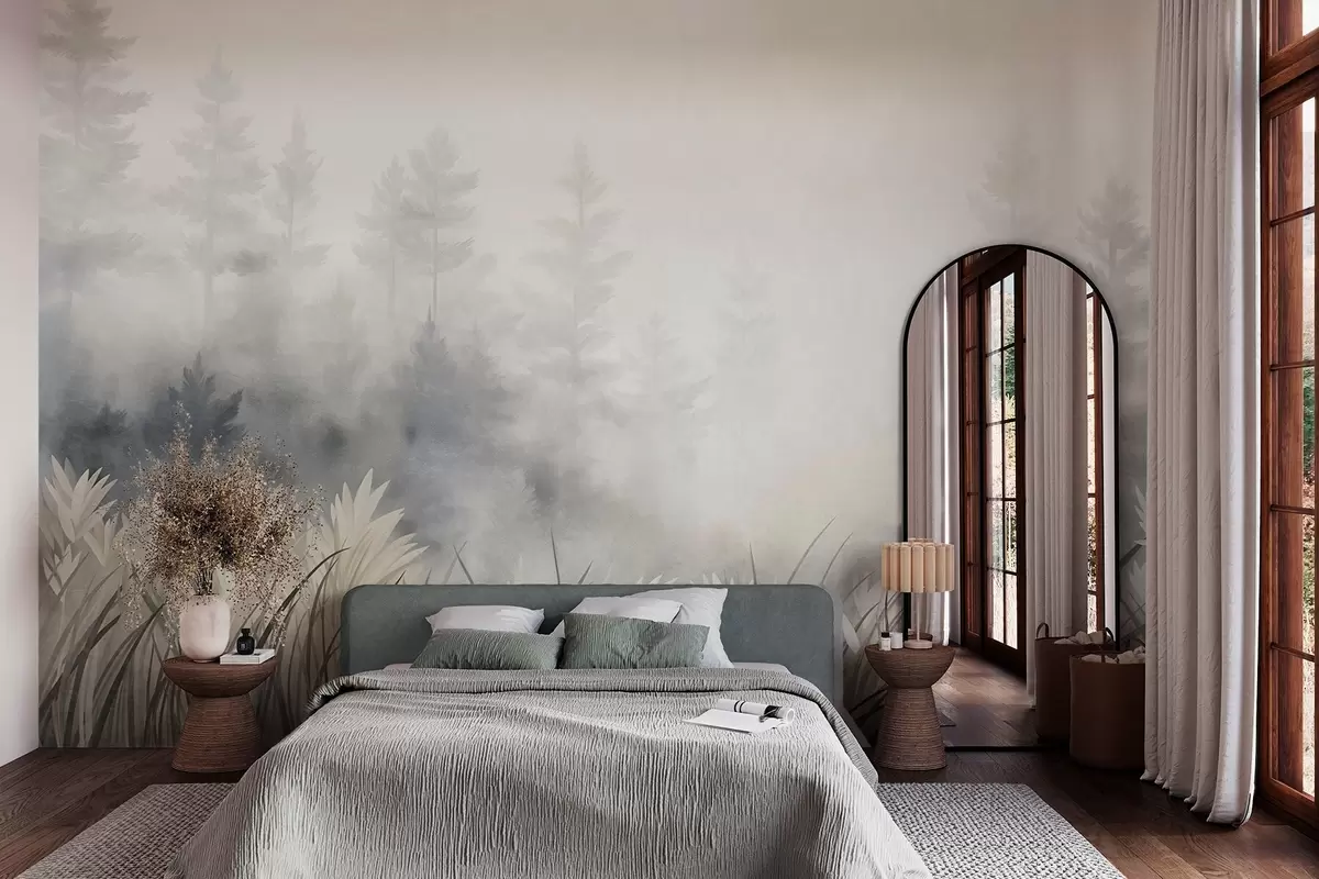 fototapeter Landskap med høyt villgress og furuskog, minimalistisk stil med tekstur w10082