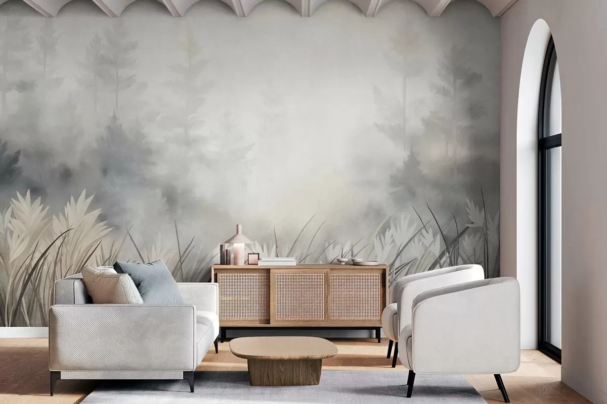 fototapeter Landskap med høyt villgress og furuskog, minimalistisk stil med tekstur w10082