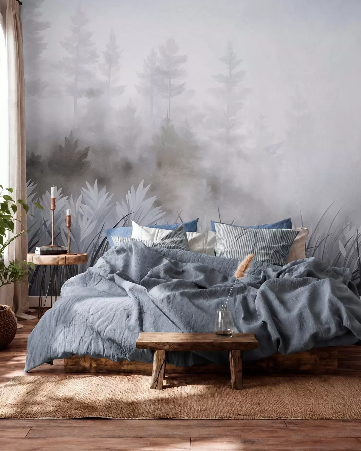 fototapeter Landskap med høyt villgress og furuskog, minimalistisk stil med tekstur w10082v1