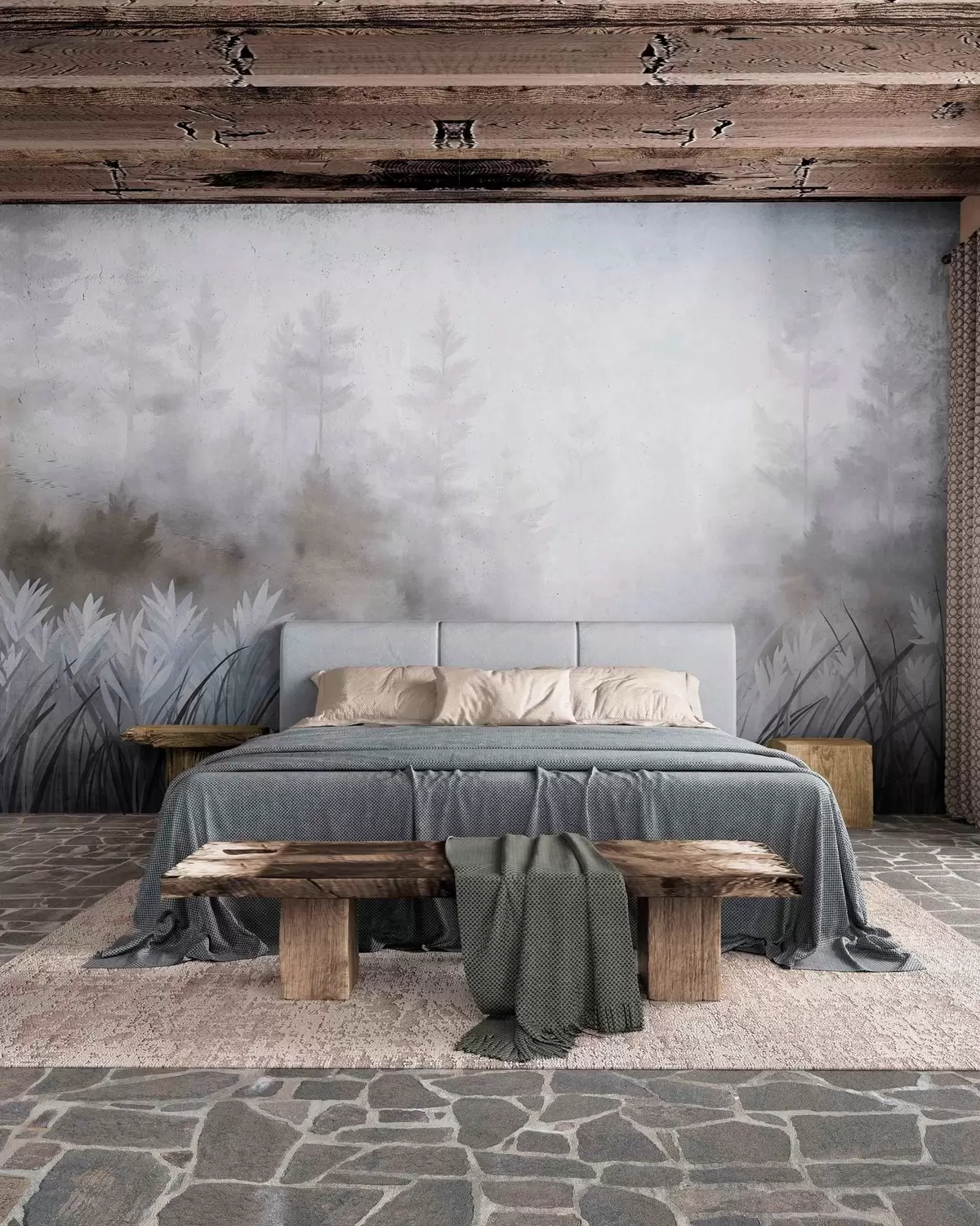 fototapeter Landskap med høyt villgress og furuskog, minimalistisk stil med tekstur w10082v1