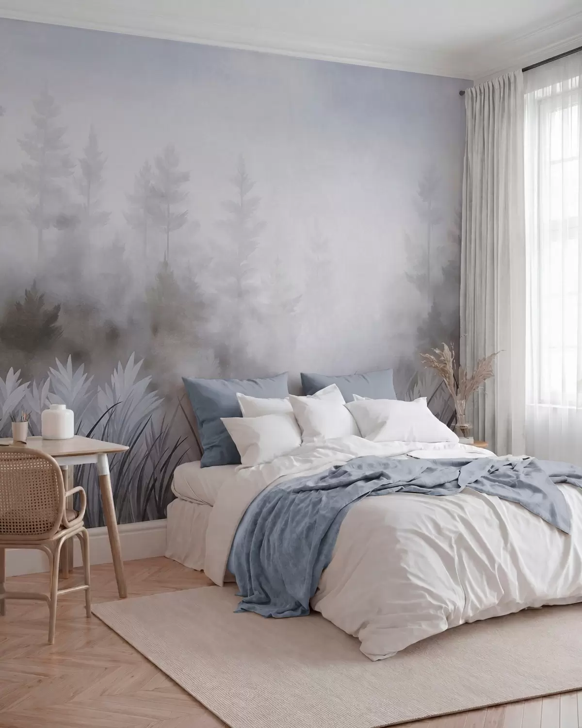 fototapeter Landskap med høyt villgress og furuskog, minimalistisk stil med tekstur w10082v1