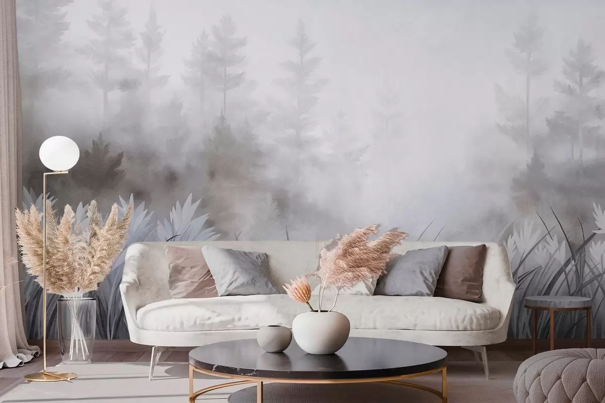 fototapeter Landskap med høyt villgress og furuskog, minimalistisk stil med tekstur w10082v1