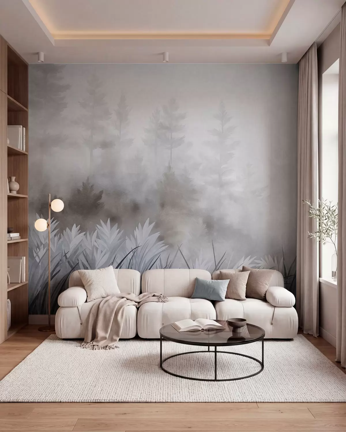 fototapeter Landskap med høyt villgress og furuskog, minimalistisk stil med tekstur w10082v1