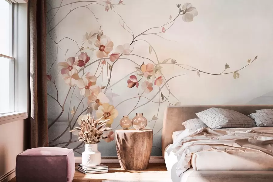 fototapeter Slyngende klatreplanter med delikate, fersken- og kremfargede blomster w10083