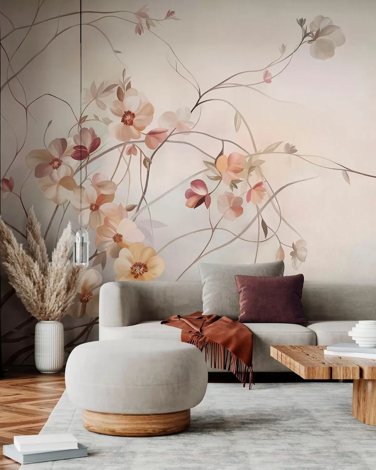 fototapeter Slyngende klatreplanter med delikate, fersken- og kremfargede blomster w10083