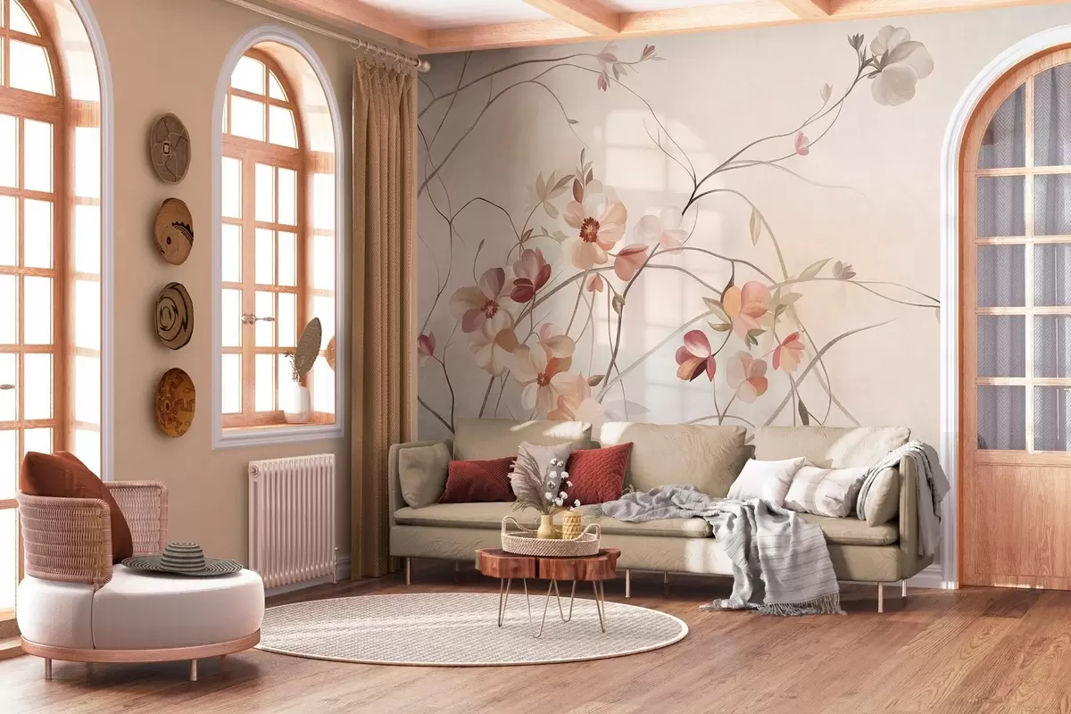 fototapeter Slyngende klatreplanter med delikate, fersken- og kremfargede blomster w10083