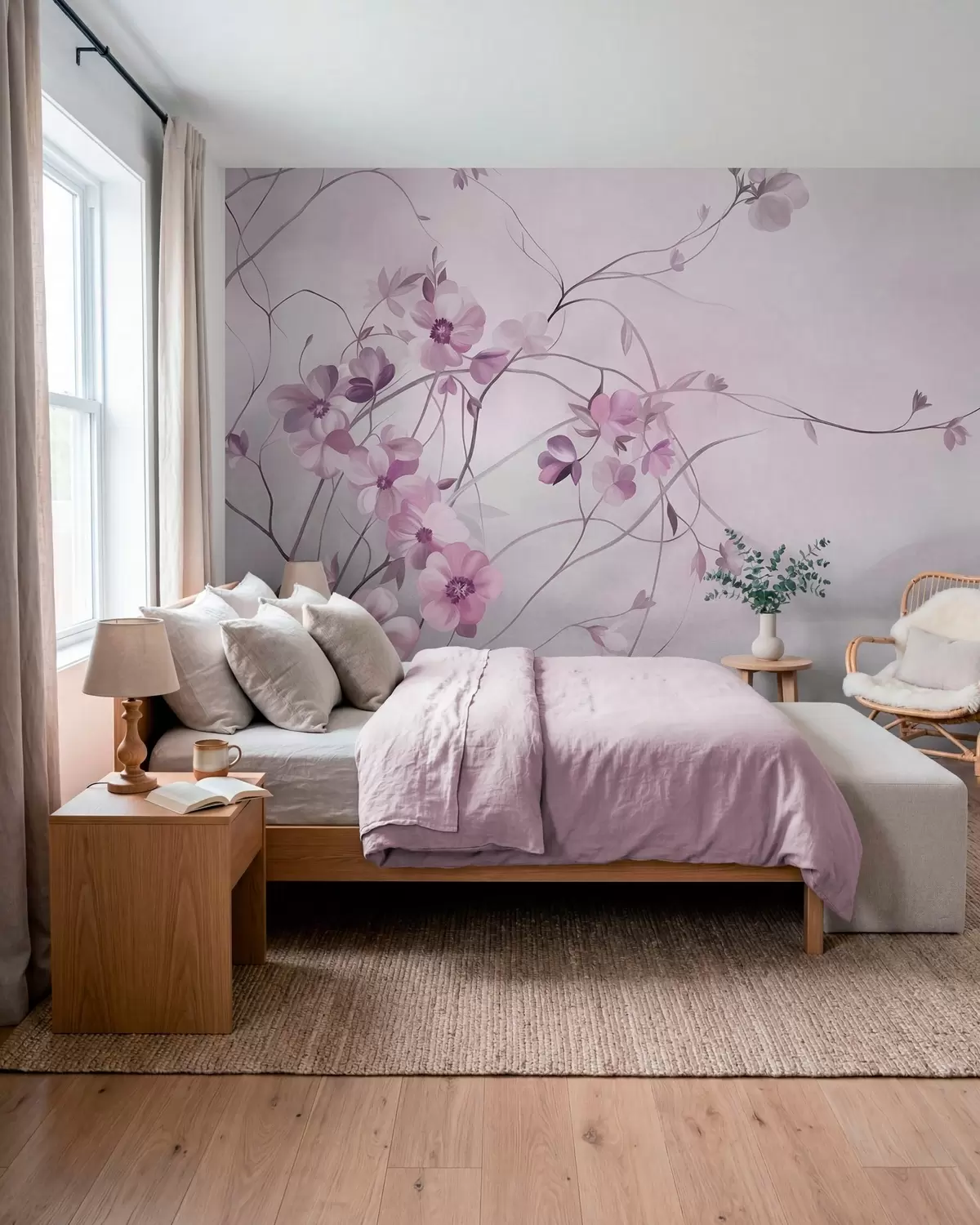 fototapeter Slyngende klatreplanter med delikate, dämpet rosa blomster w10083v1