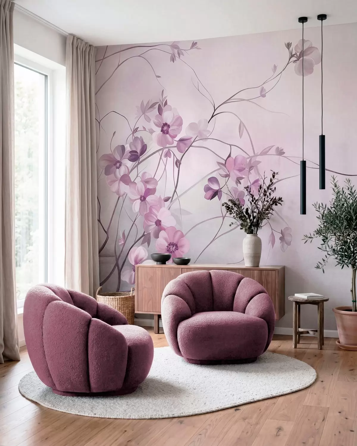 fototapeter Slyngende klatreplanter med delikate, dämpet rosa blomster w10083v1
