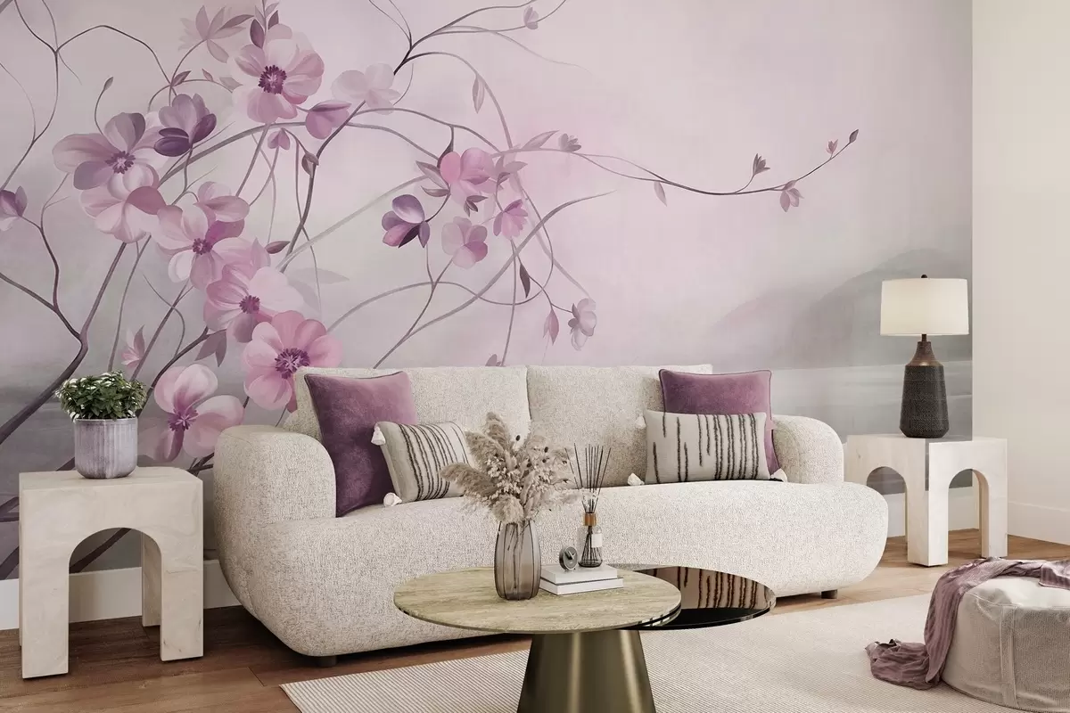 fototapeter Slyngende klatreplanter med delikate, dämpet rosa blomster w10083v1