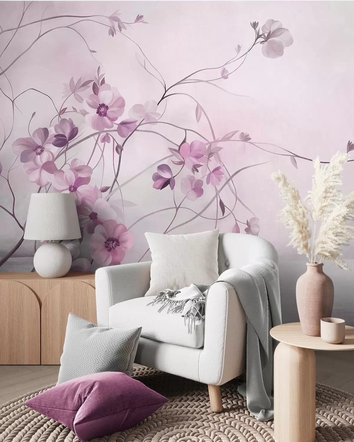 fototapeter Slyngende klatreplanter med delikate, dämpet rosa blomster w10083v1