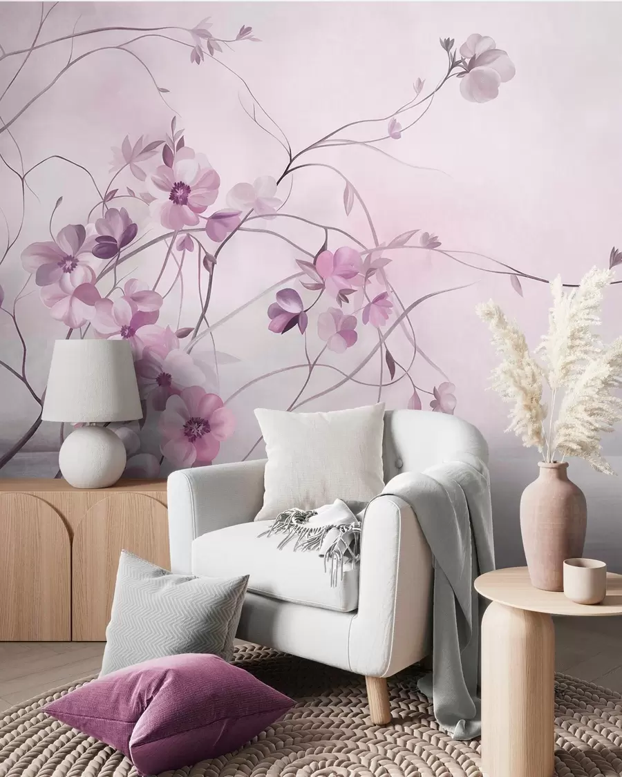 fototapeter Slyngende klatreplanter med delikate, dämpet rosa blomster w10083v1