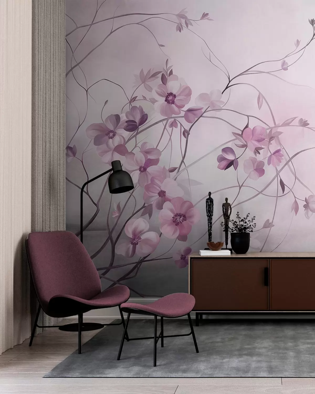 fototapeter Slyngende klatreplanter med delikate, dämpet rosa blomster w10083v1