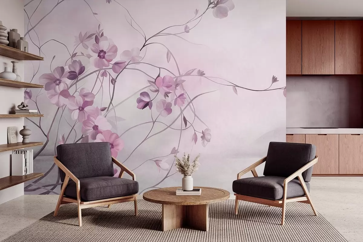 fototapeter Slyngende klatreplanter med delikate, dämpet rosa blomster w10083v1