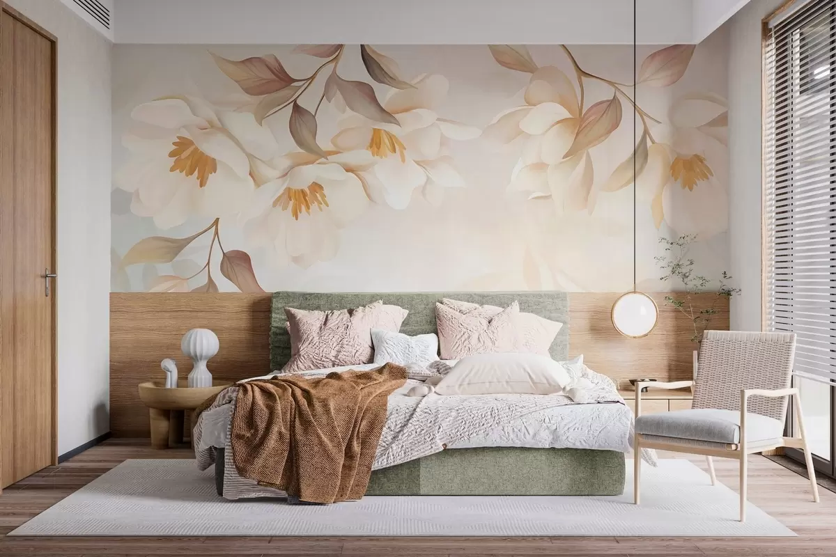 fototapeter Magnolia i blomst med delikate brune blader som henger fra grenene w10086