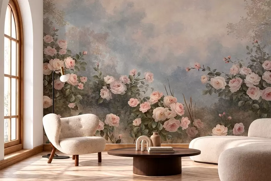 fototapeter Frodige, rosa rosenbusker mot et tåkete landskap w05888