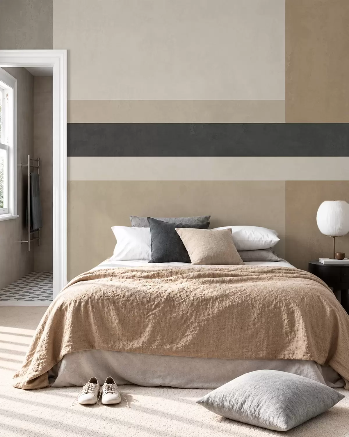 fototapeter Abstrakte rektangler i varme beigefarger med en mørk stripe w05890