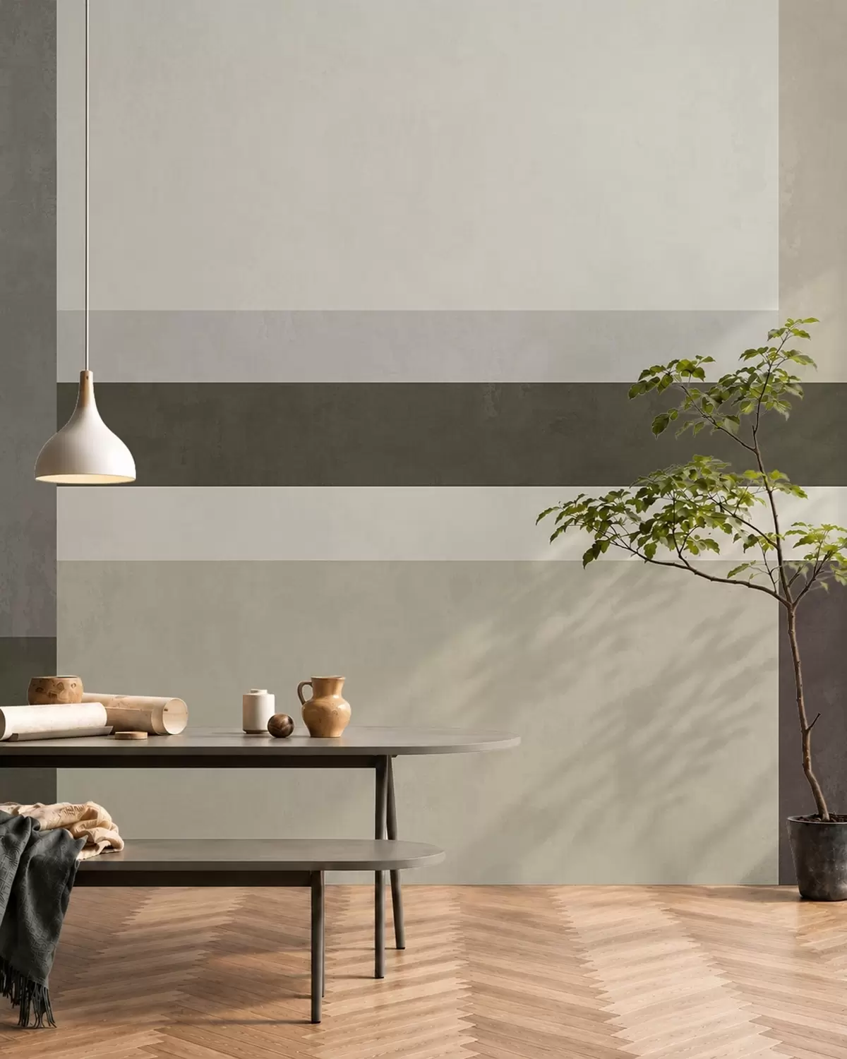 fototapeter Geometrisk komposisjon med blokker i olivengrønt, grått og beige w05890v3