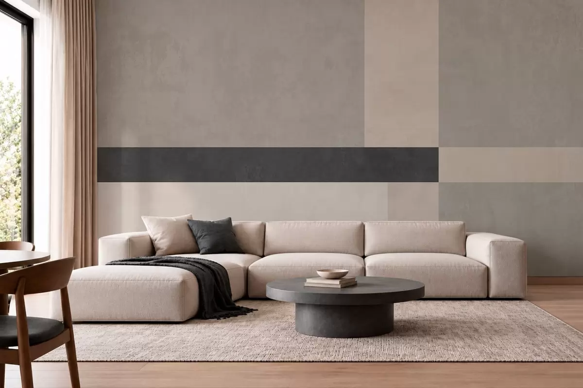 fototapeter Abstrakt geometri med beige og grå blokker og en mørk stripe w05891