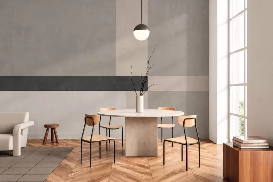 fototapeter Abstrakt geometri med beige og grå blokker og en mørk stripe w05891