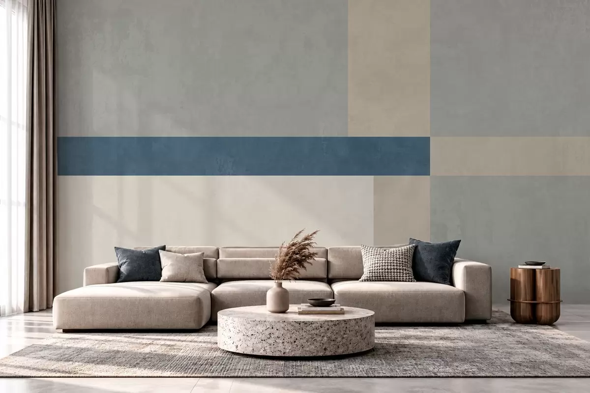 fototapeter Geometriske blokker i grå og beige nyanser med en blå stripe w05891v1