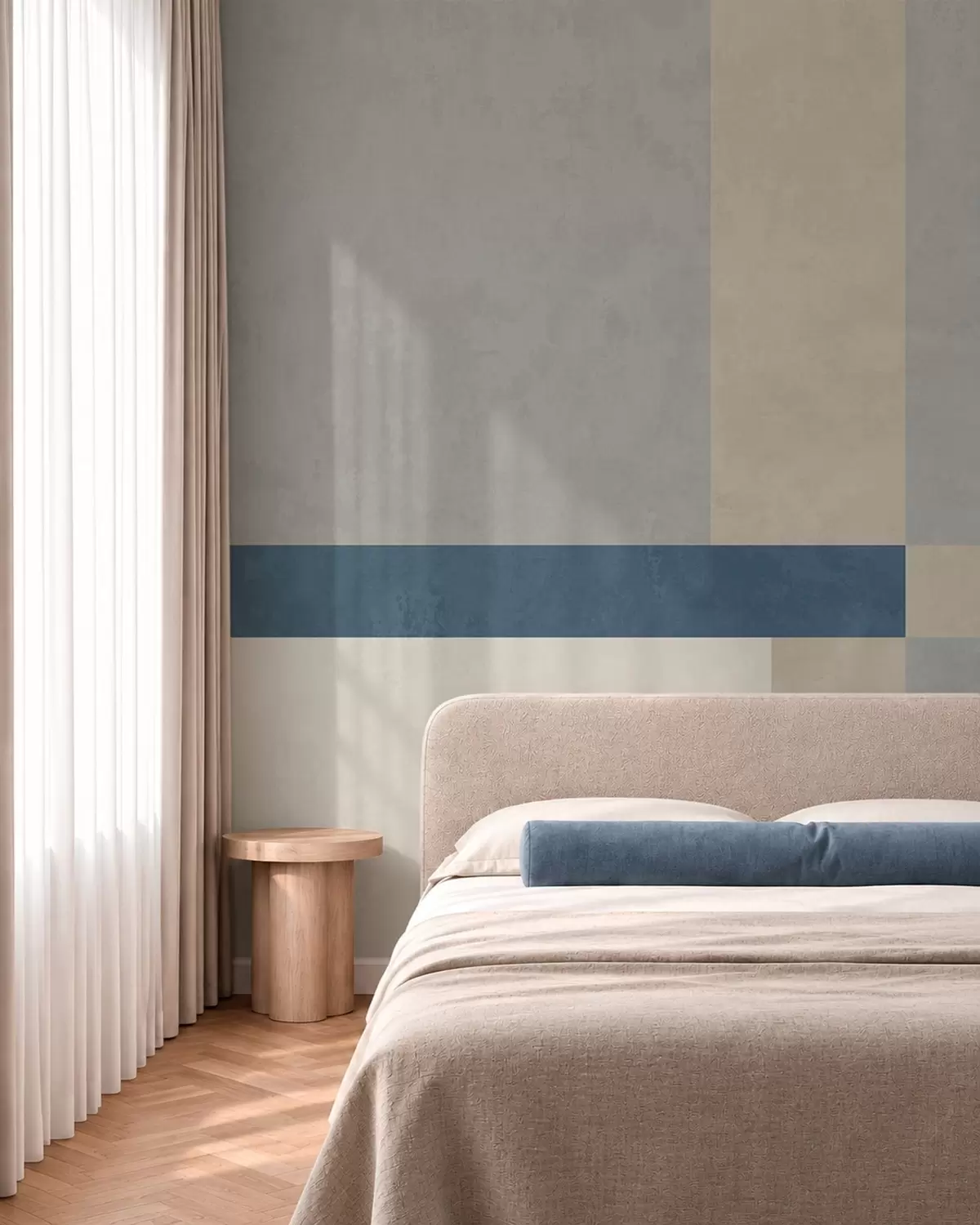 fototapeter Geometriske blokker i grå og beige nyanser med en blå stripe w05891v1
