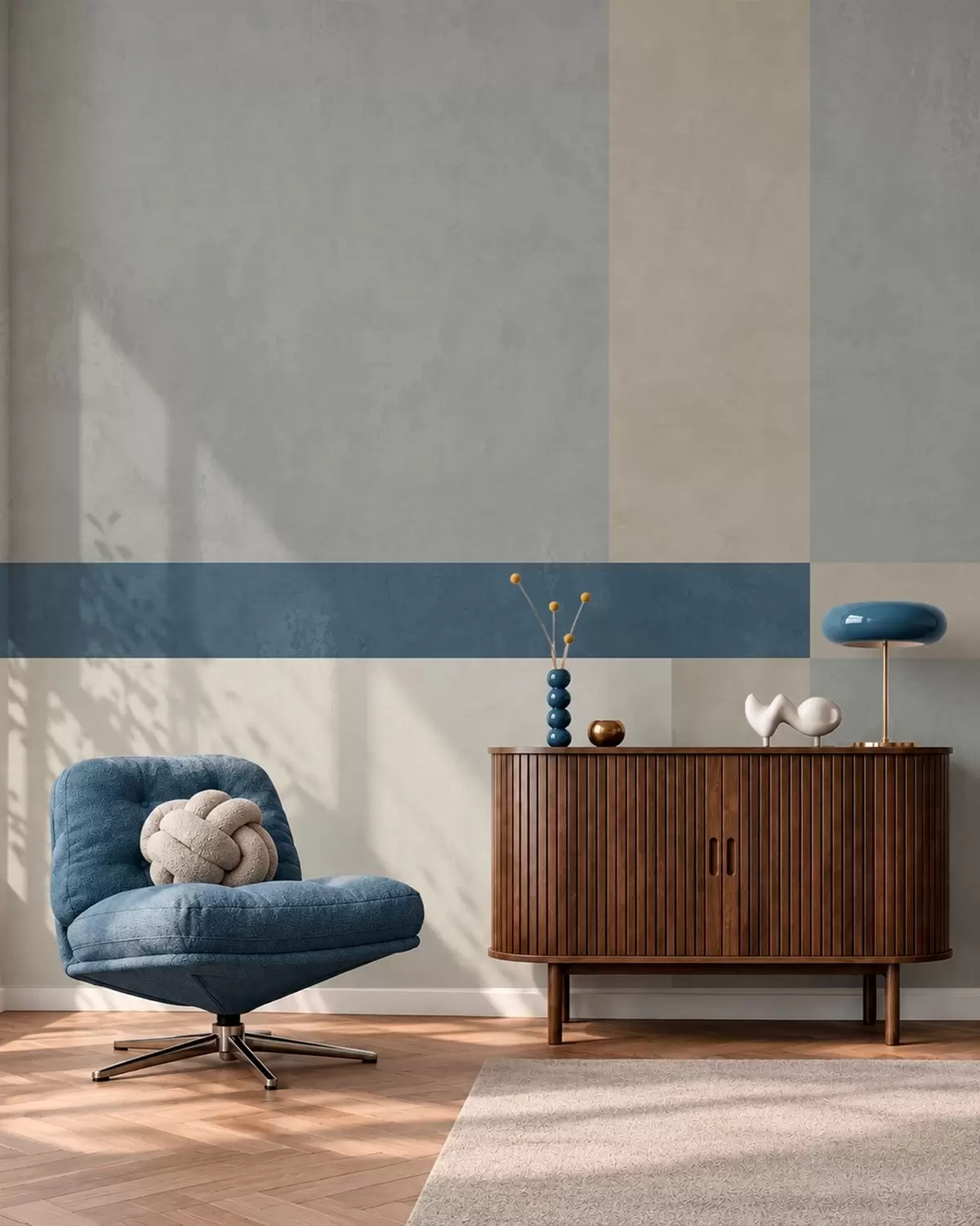 fototapeter Geometriske blokker i grå og beige nyanser med en blå stripe w05891v1