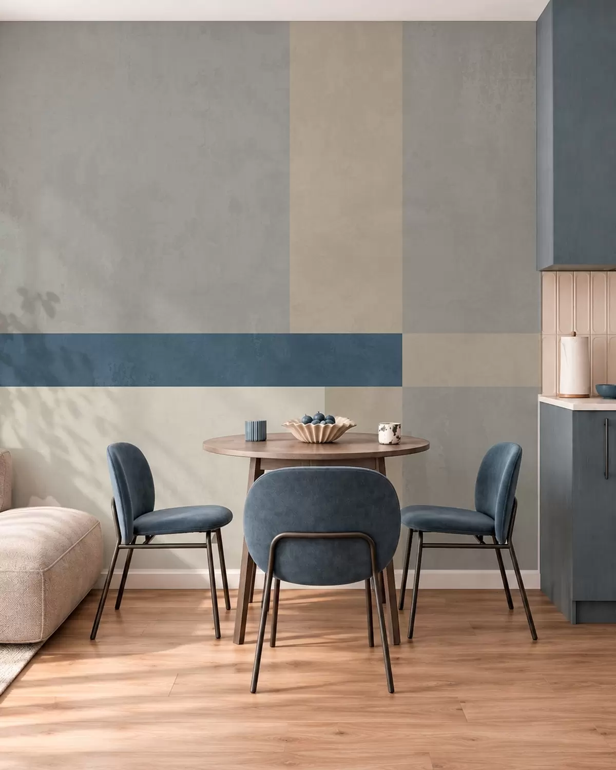 fototapeter Geometriske blokker i grå og beige nyanser med en blå stripe w05891v1