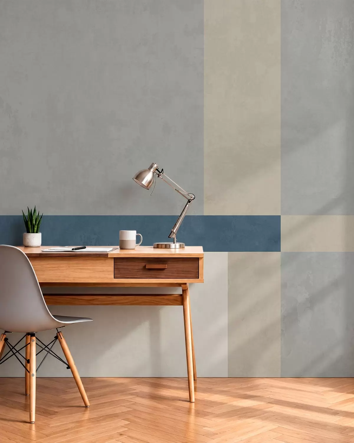 fototapeter Geometriske blokker i grå og beige nyanser med en blå stripe w05891v1