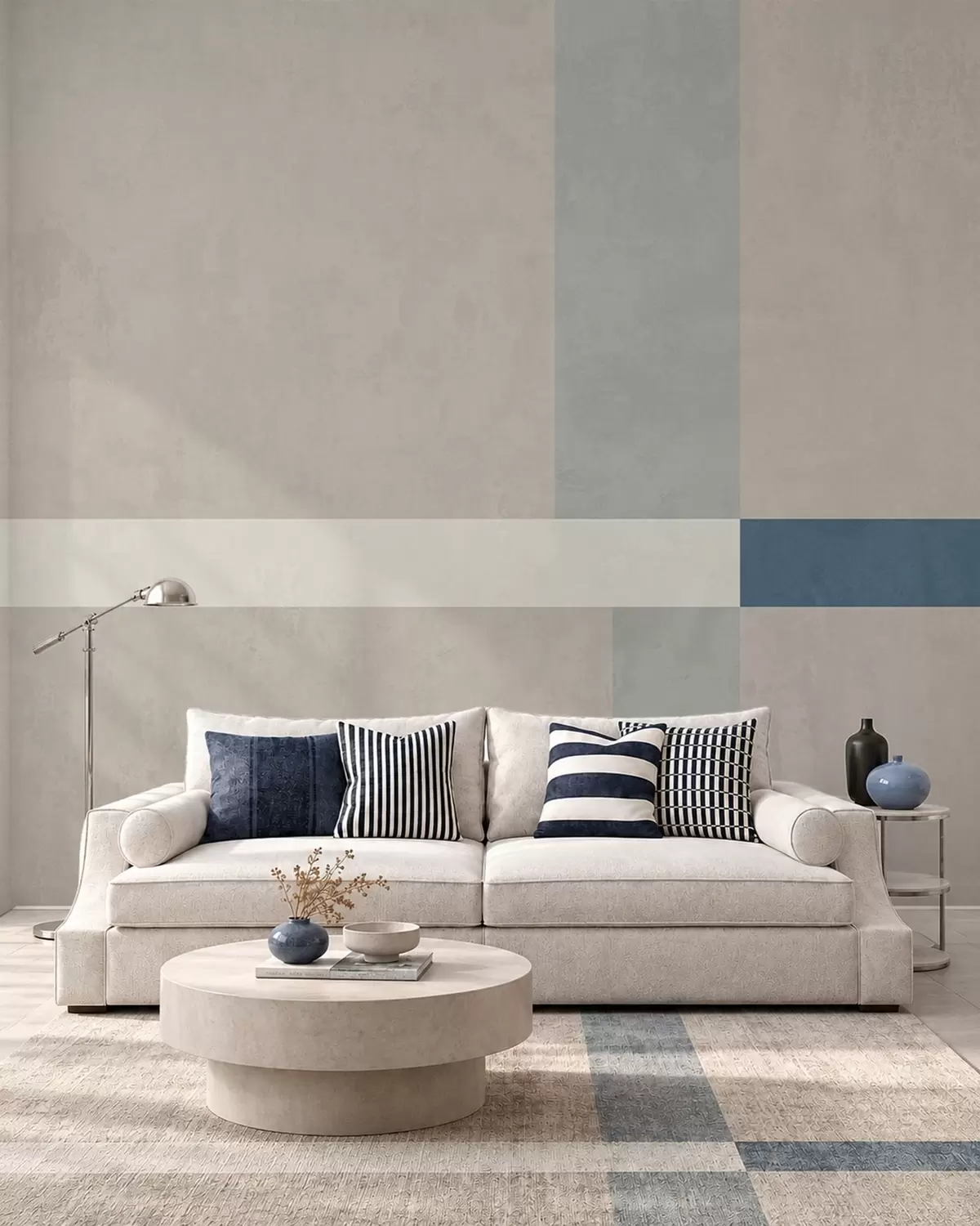 fototapeter Abstrakte beige og grå rektangler med en blå detalj w05891v2