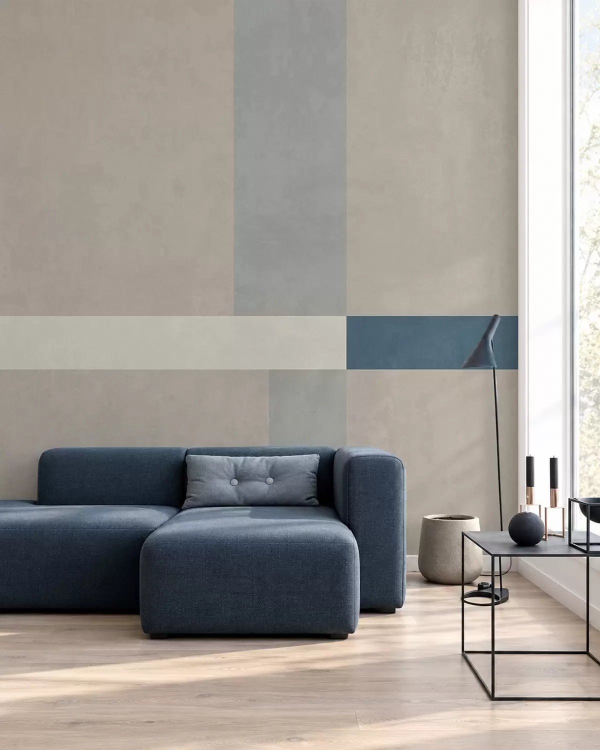 fototapeter Abstrakte beige og grå rektangler med en blå detalj w05891v2