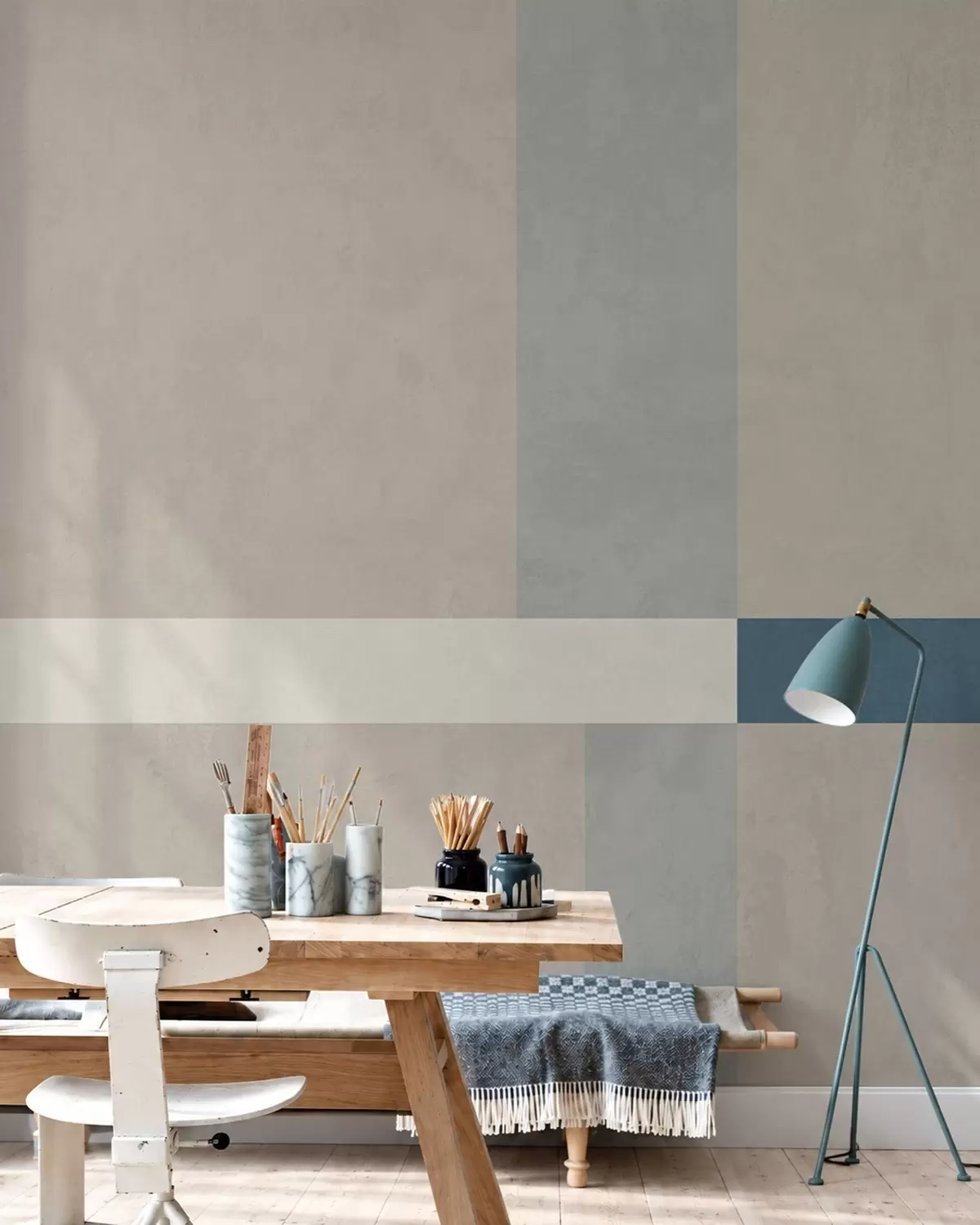 fototapeter Abstrakte beige og grå rektangler med en blå detalj w05891v2