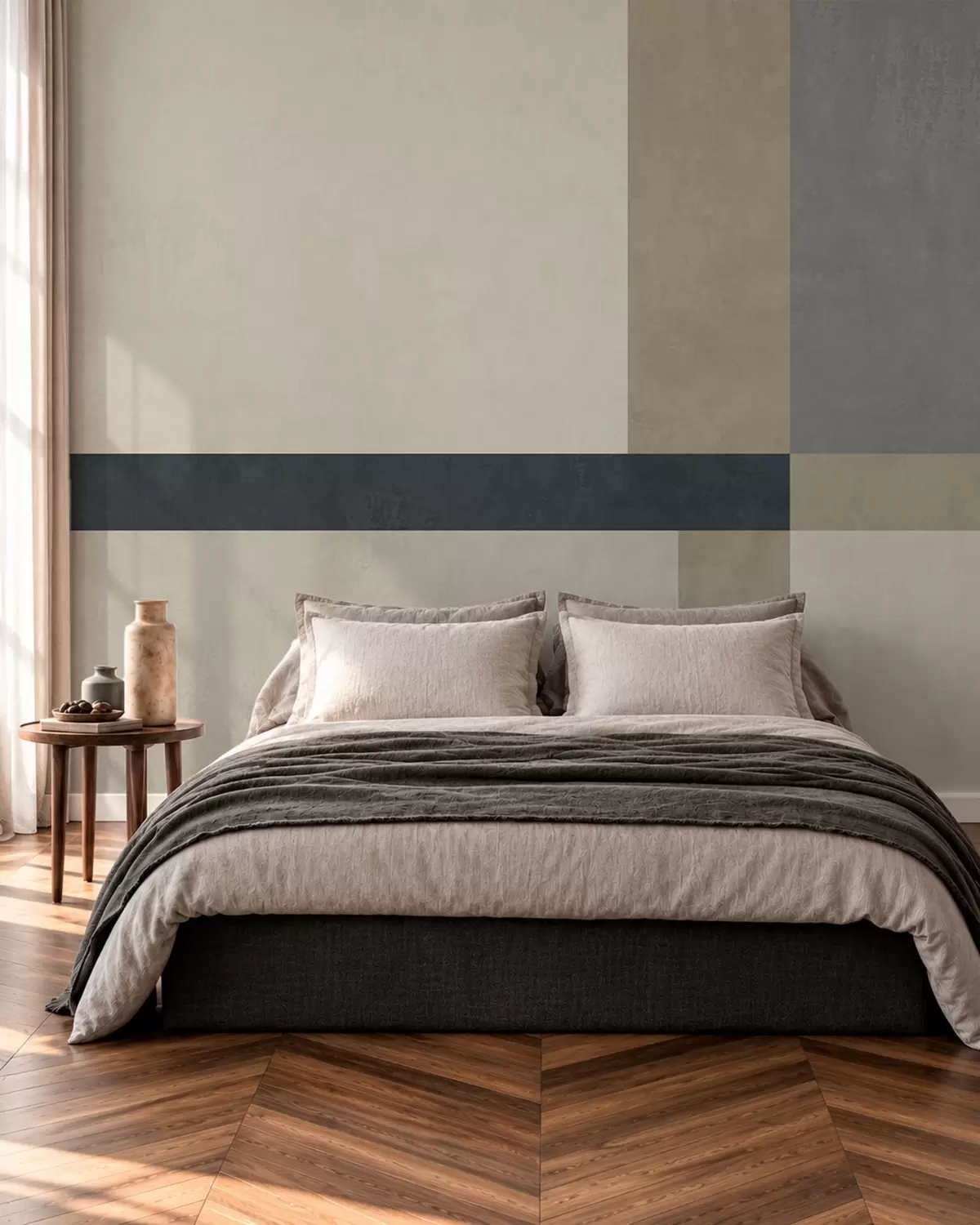fototapeter Geometrisk sammensetning av beige og grå blokker med en mørk stripe w05891v3